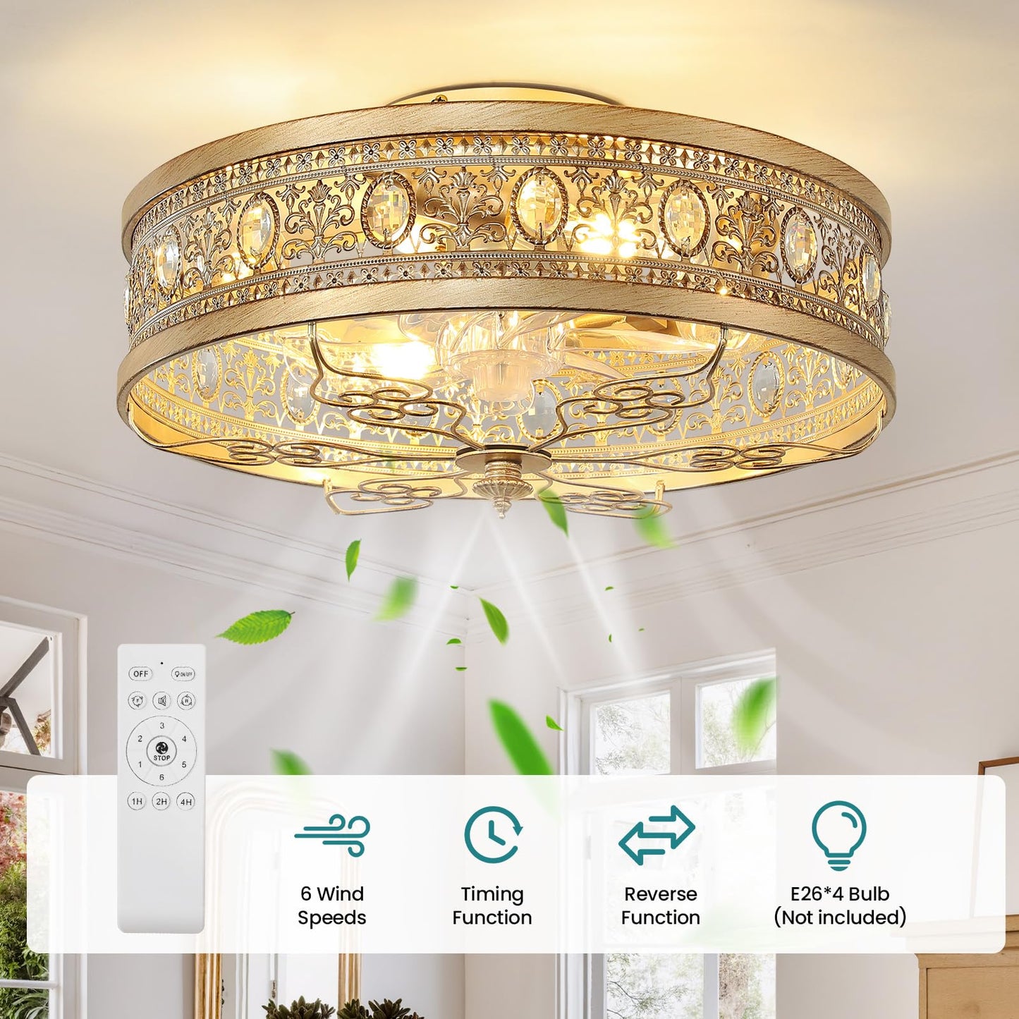 KAISITE Caged Ceiling Fan with Lights 19" Gold Vintage Rustic Crystal Fandelier Farmhouse Ceiling Fan with Remote Low Profile Bladeless Chandelier Fan Light Fixture for Bedroom Kitchen Living Room