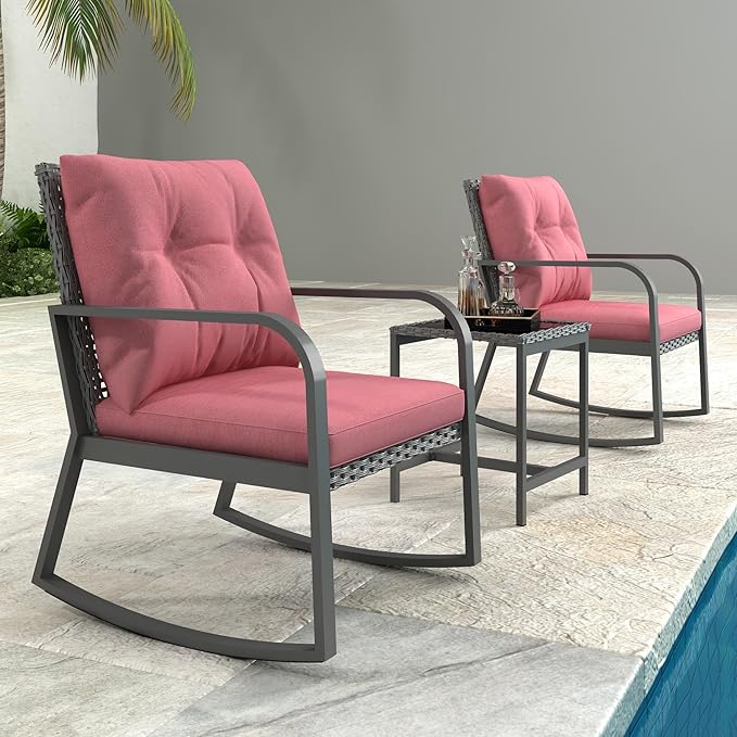 HLNPTN 3 Piece Rocking Bistro Patio Set, Outdoor Rocking Chair, Outdoor Bistro Sets Wicker Patio Furniture Rocking Chairs Sectional Couch with Tempered Glass Top Coffee Table & Cushions, Red