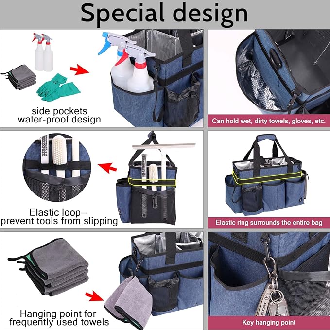 Large Wearable Cleaning Caddy Bag with Detachable Divider, Cleaning Organizer with Handles, Cleaning Supply Tote with Adjustable Shoulder Strap&Waist Belt for Cleaners & Housekeeper (Blue)