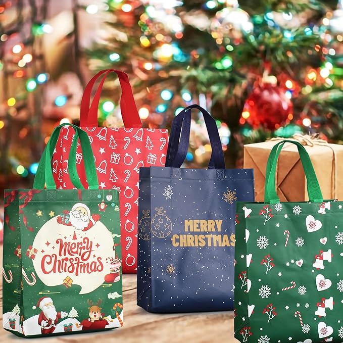 8PCS Christmas Tote Treat Non-Woven Gift Bags with Handles for Gifts Wrapping Shopping, Xmas Party Supplies, 12.2×9.8×4.53inch