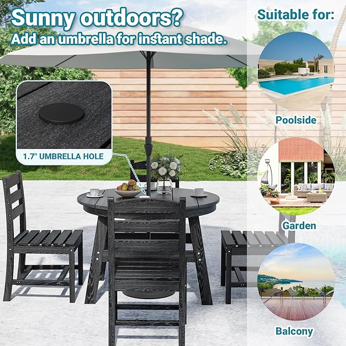 PamapicLife 5 Piece Round Outdoor Dining Set, Relaxing HDPE Outdoor Table and Chairs with 105° Ergonomic Backrest, All-Weather Patio Table and Chairs Set with Umbrella Hole for Porch, Poolside, Black