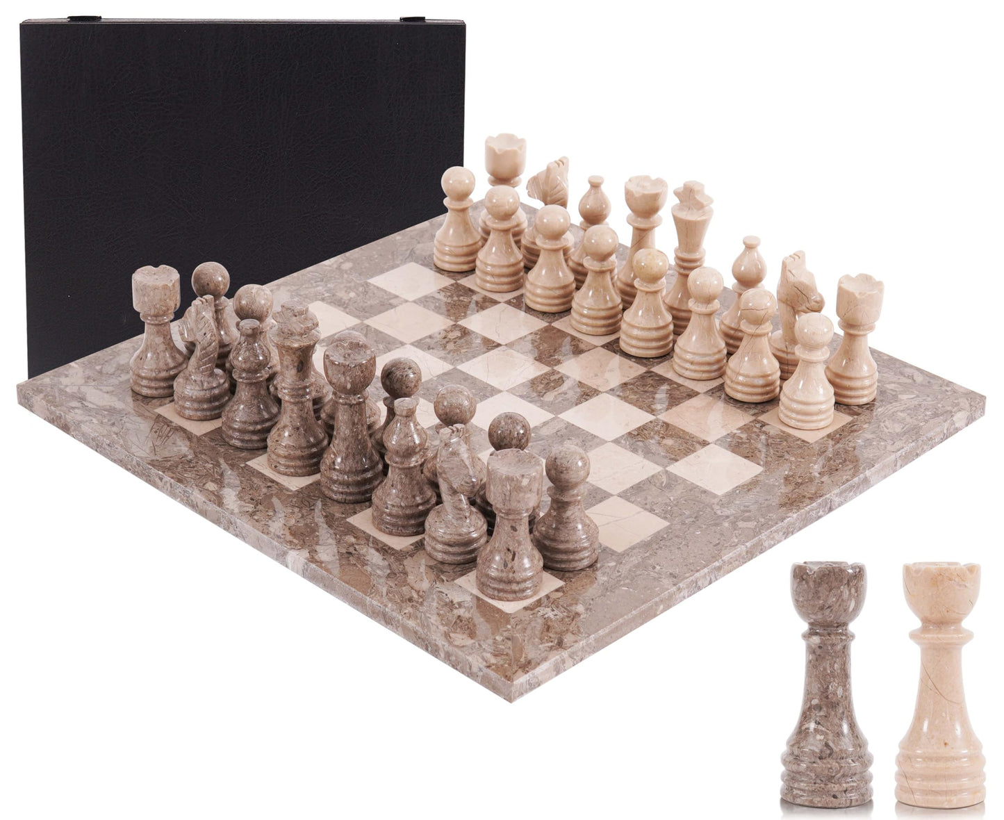 Marble Chess Set for Adults 15" Handmade Oceanic & Verona Board Game with 32 Chess Pieces, 2 Extra Queens & Storage Box, Luxury Travel Game – Elegant Home Décor