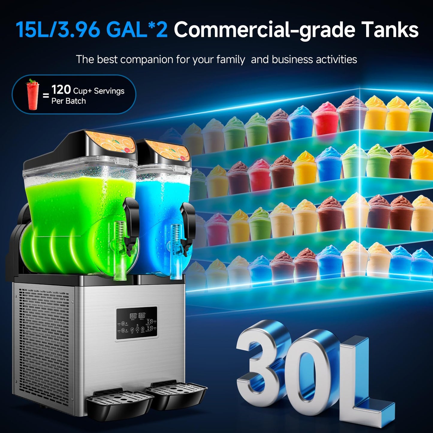 EKway Slushy Machine,15L x2 Double Tanks Comercial Margarita &Slushie Machine,120+ Cups 1000W 110V Electric Large Daiquiri Machine with Self-cleaning Mode,for Home Party Restaurants Cafe Bars