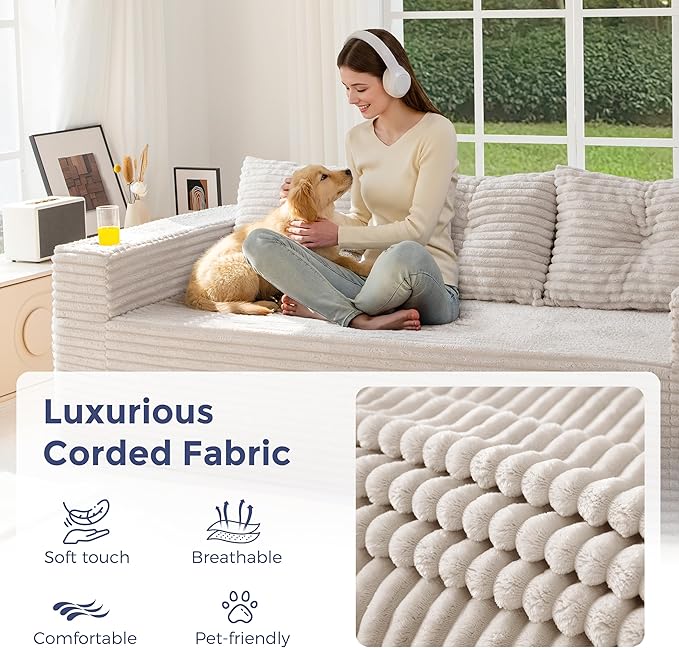 MAXYOYO 79" Oversized Boneless Loveseat Sofa Couch for Small Spaces, Mini Love Seat Floor Couch with Cup Holders and Pillows, 3-Seater Upholstered Cloud Couch for Bedroom, No Assembly Required