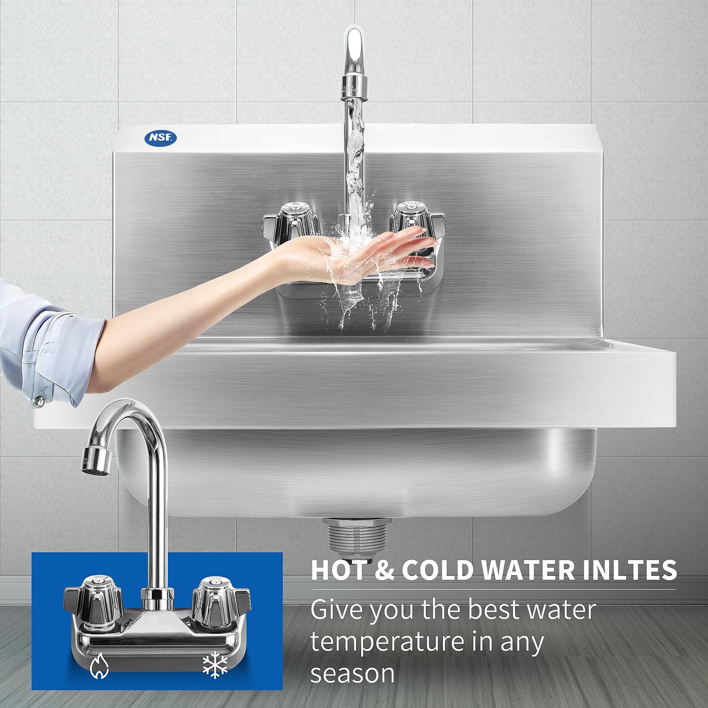 BIEAMA Stainless Steel Hand Sink NSF 17”x 15" Wall Mount Commercial Hand Washing Sink, with Strainer and Faucet, for Home, Stores, Restaurants, Bars