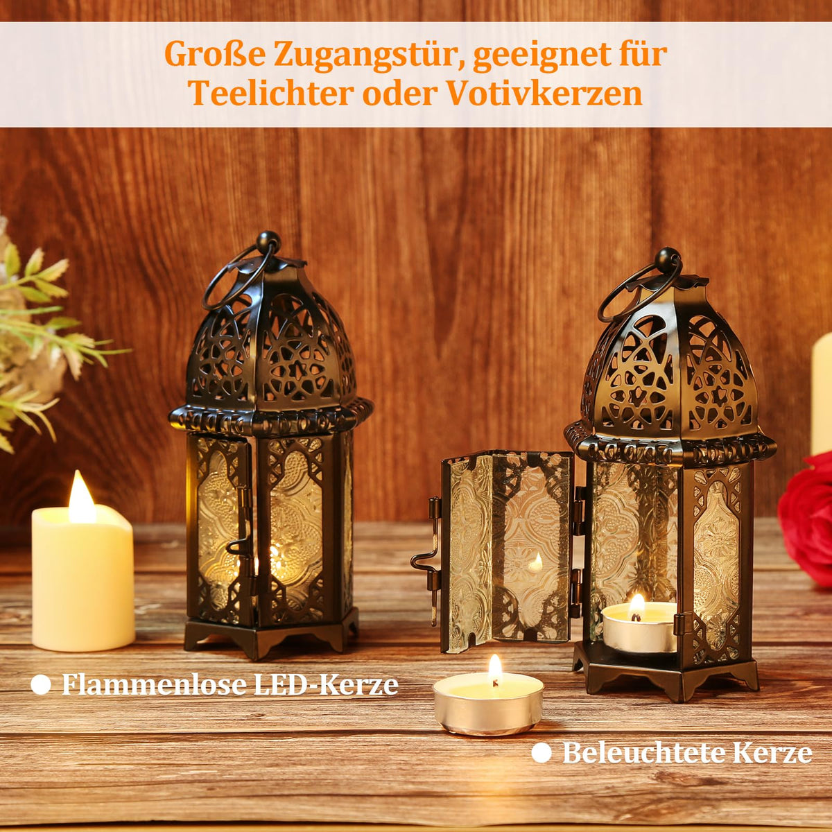Metal Candle Holder 4PCS Transparent Glass Moroccan Style Hanging Lanterns Creative Wedding Home Tabletop Decoration Birdcage, Black