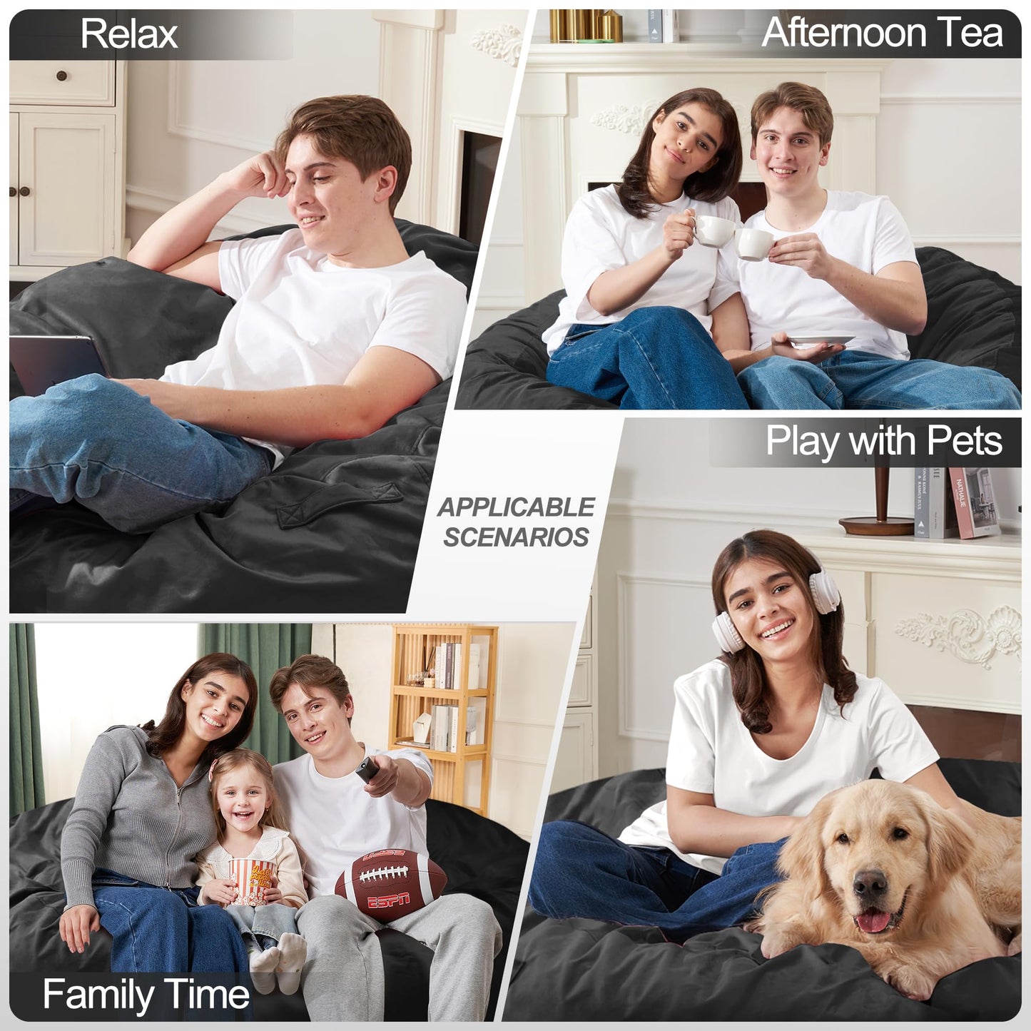 Homguava 5FT Bean Bag Chair Giant BeanBag with Memory Foam Filled, Comfy Bean Bag Chairs for Adults, Adult Bean Bag Chair with Dutch Velvet Cover for Living Room Bedroom-Black