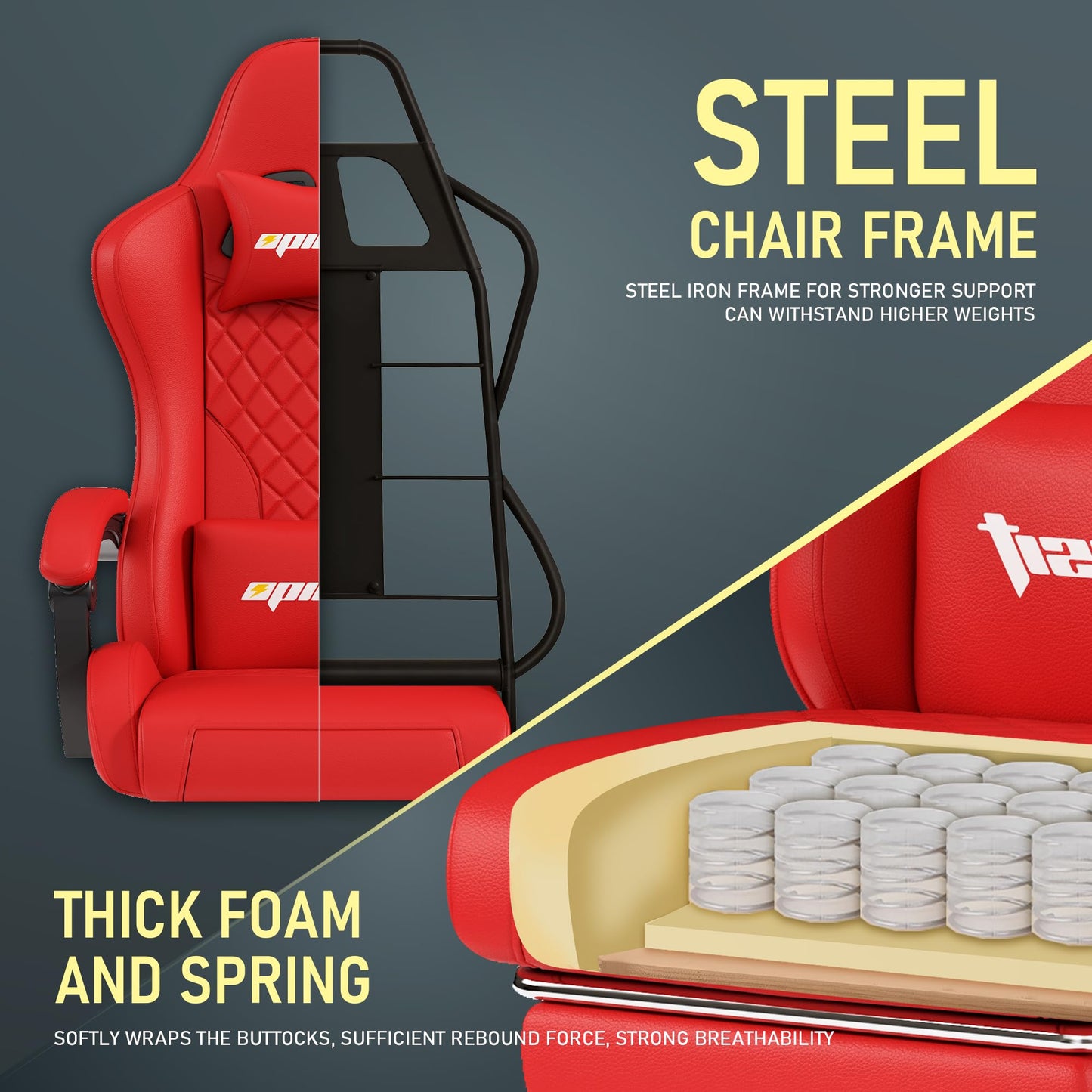 Opiesit Gaming Chair for Adults, Ergonomic Office Computer Chairs with Pocket Spring Cushion, PU Breathable Materials Video Game Chair, Linkage Armrest and Footrest Game Chairs Red