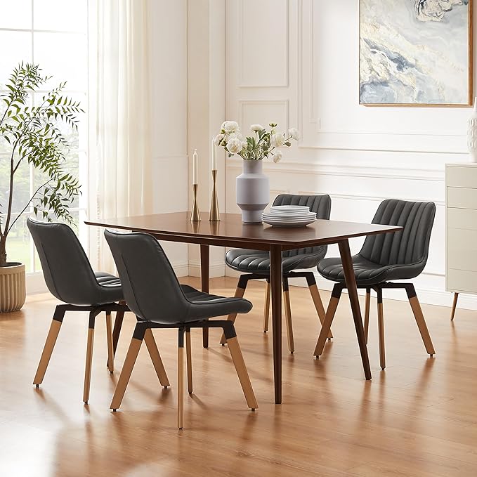 Art Leon Dining Chairs Set of 4, Mid Century Modern Swivel Kitchen Dining Room Chairs, Upholstered Faux Leather Armless Side Chairs with Wood Legs for Living Room Bedroom, Dark Gray