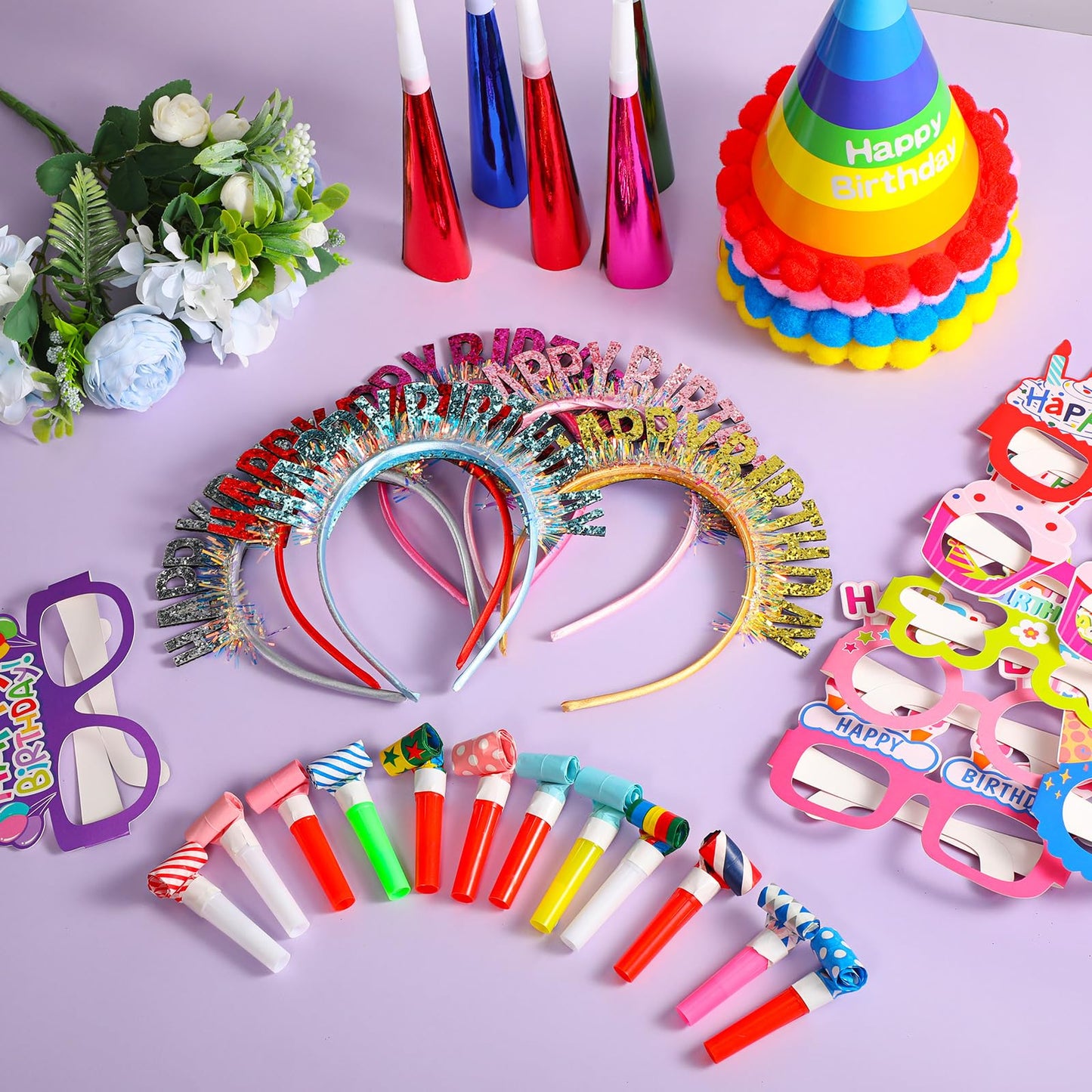 Sratte 36 Pcs Birthday Party Favors Set, Happy Birthday Hat Headband Glasses Noise Makers Party Horns for Adults Kids(Rainbow Style)