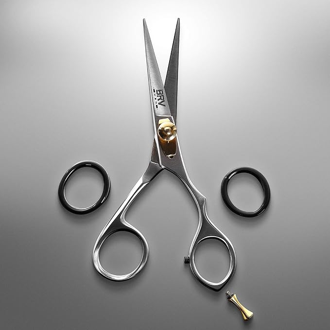 BRV MEN Professional Mustache & Beard Trimming Scissors - 5.5" | High Carbon Stainless Steel & Hammer Forged Mustache Scissors | Razor Sharp Facial Hair Trimming Shears (RIGHT HANDED - Silver)