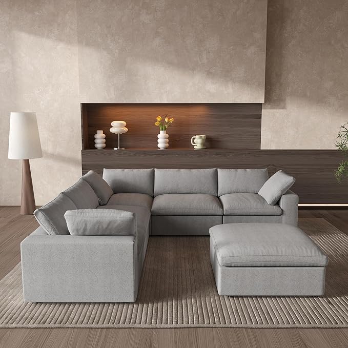 Cloud Couch Modular Sectional Sofa with Storage Ottomans,160.6" Down Filled 6 Seater Convertible Sectional Sofas,V Shaped Gray Couch for Living Room,Covers Washable&Replaceable