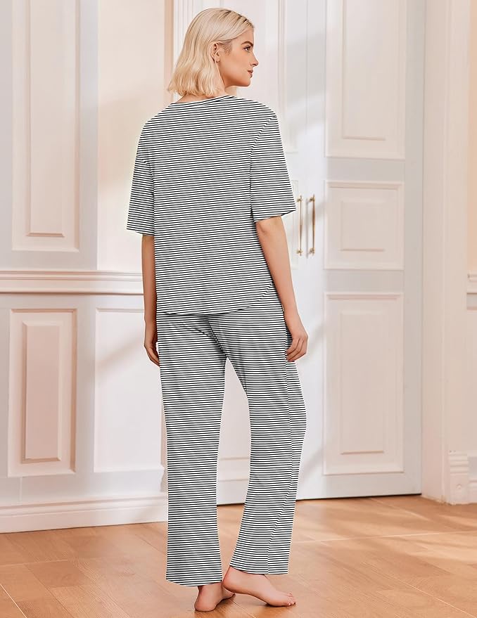 Ekouaer 2 Pack Womens Pajama Sets Short Sleeve Tops and Long Pants Casual Comfy Pjs Lounge Set with Pockets,S-XXL