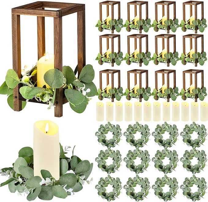 Geelin 12 Set 10.59'' Brown Wooden Lanterns for Centerpieces Include 12 Wooden Lantern 12 LED Candle 12 Eucalyptus Leaves ...