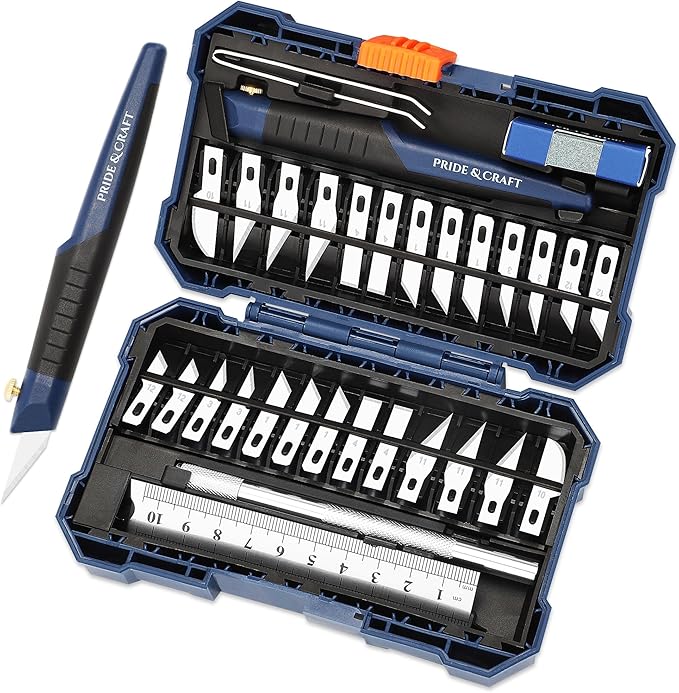 31-Piece Precision Hobby Knife Set for Crafting, Modeling & DIY Projects, Ultra-Sharp SK-Steel Blades for Detail Cutting on Paper, Plastic, Wood, Leather, Foam and Art Materials