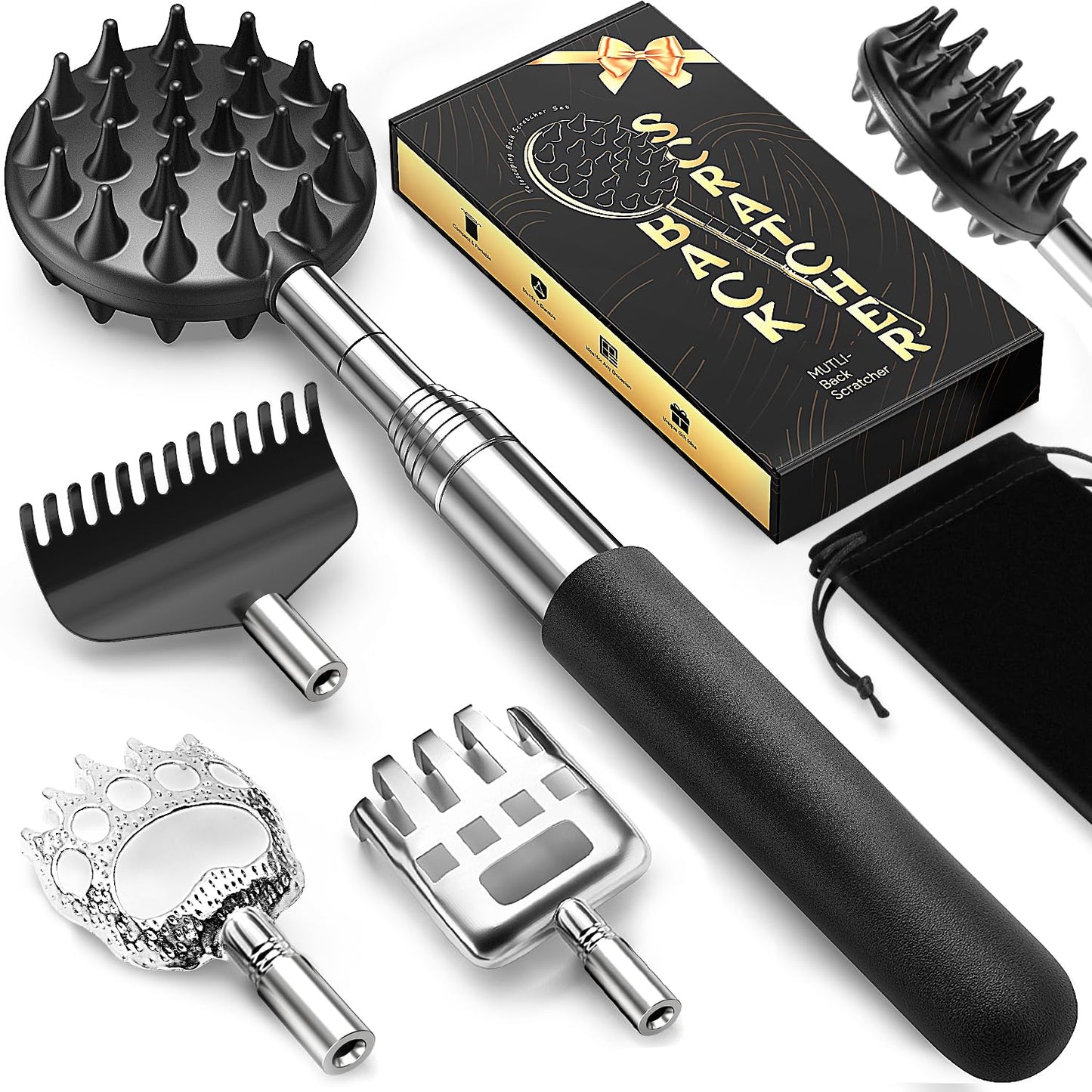 TUKUOS Telescoping Back Scratcher with 4Pcs Detachable Scratching Heads, Stocking Stuffers for Men Back Scratcher for Men/Dad/Women, White Elephant Gifts for Adults Christmas Gifts for Men Women