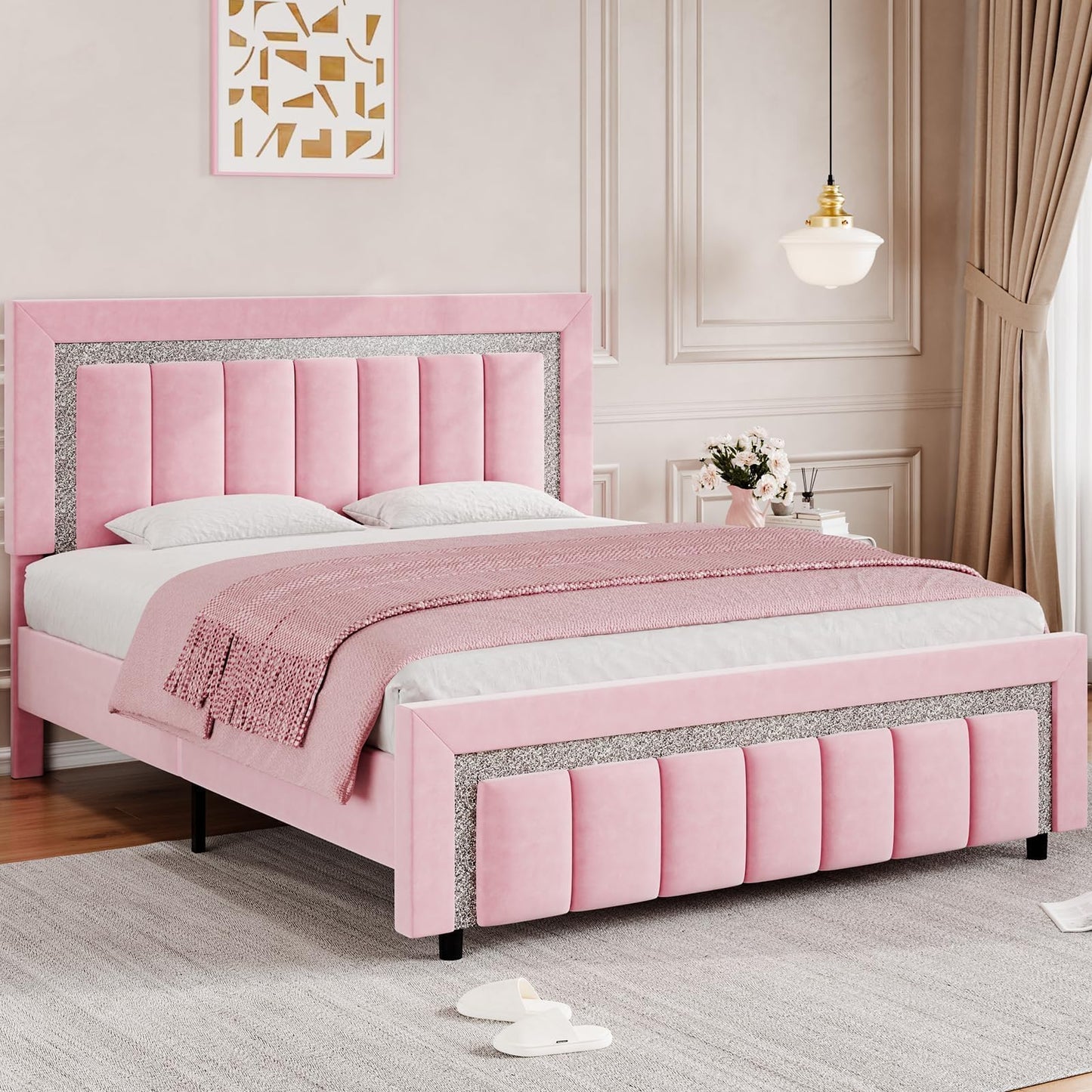 Queen Bed Frame with Headboard, Pink Velvet Upholstered Bed Frame with Diamond Footboard, Soft Bed Frames, Vertical Channel Tufted Design, No Box Spring Needed, Easy Assembly, Pink