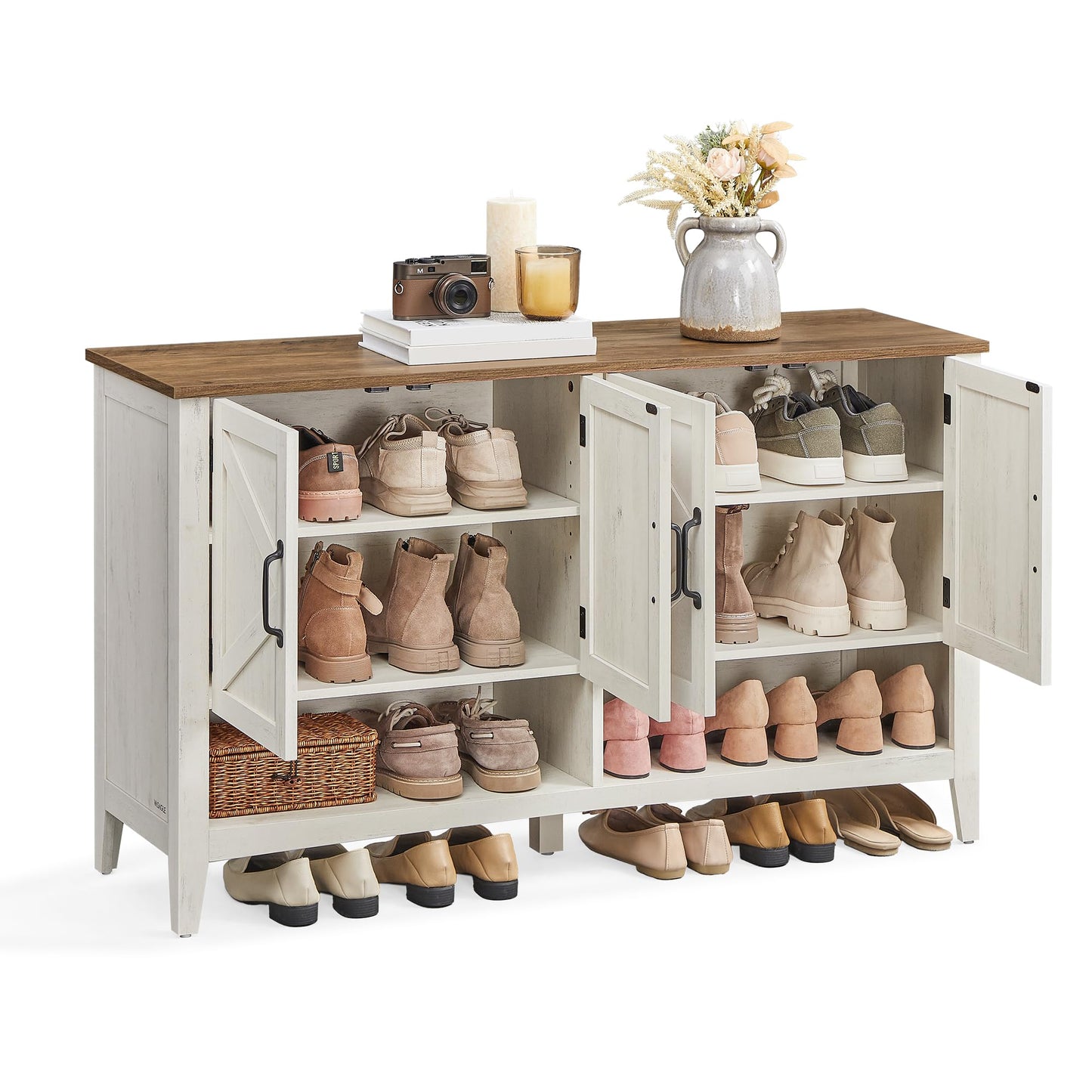 VASAGLE Shoe Cabinet, 3-Tier Shoe Storage Organizer, Farmhouse Freestanding Cabinet with Height-Adjustable Shelf, 13.8 x 47.2 x 27.6 Inches, Entryway, Rustic White ULBC039W01