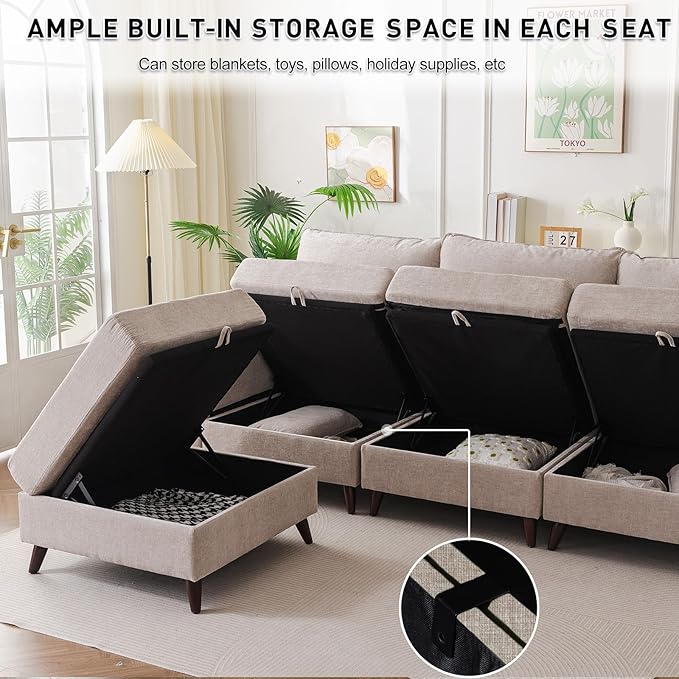 Rexulqo 104'' Modular Sectional Sofa with All Seats Storage, Oversized Sleeper Sofa Bed for Living Room,3-Seater Comfy Cloud Couches with Movable Ottoman,Big Sectional for Bedroom,Velet,Khaki