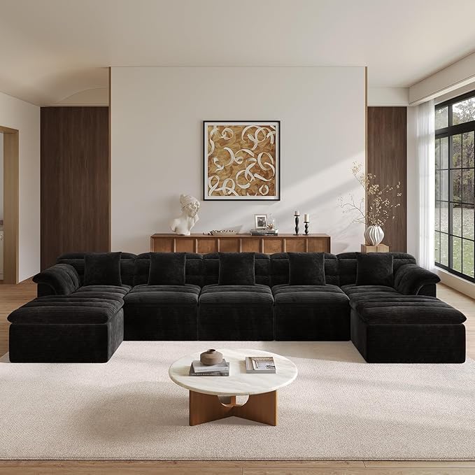 SUNG7 172" Modular Sofa with Ottoman, Boneless Cloud Couch with Deep Seat, Comfy U-Shape Corduroy Couches for Living Room, No Assembly Required, Black