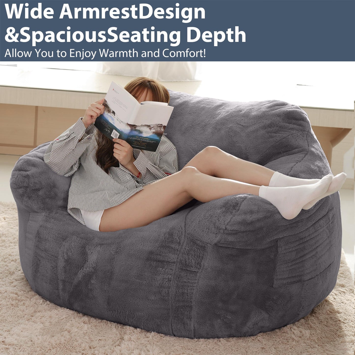 Thoustars Large Bean Bag Chairs for Adults - Oversized Memory Foam Filled Bean Bag Sofa | Fluffy Adult Bean Bag Chair, Big Bean Bag Chairs for Living Room, Bedroom & Dorm - Dark Gray