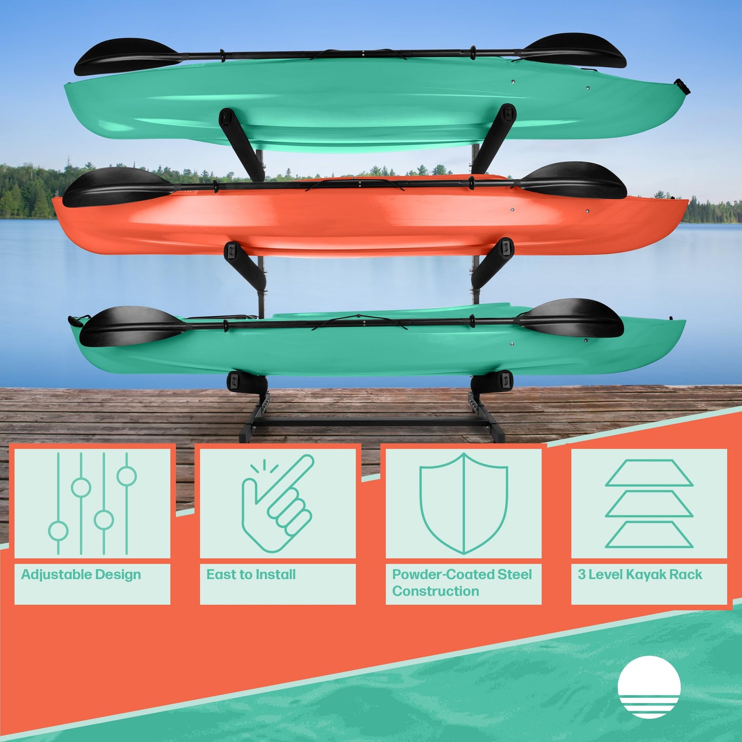 Rad Sportz Kayak Storage Rack - 3-Level Freestanding Adjustable Stand with Padded Arms and 300lb Capacity for Canoes, SUP, or Paddleboards (Black)