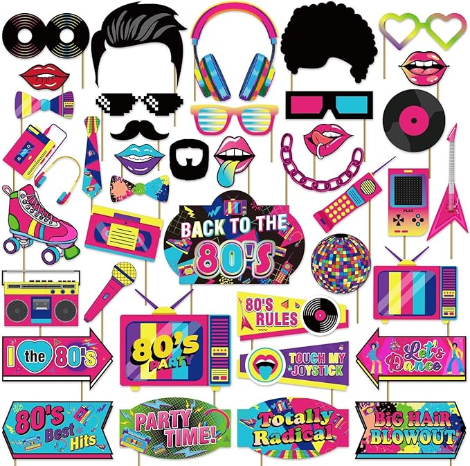 M AMFEOV 40 Pcs 80s Photo Booth Props, 80s Party Decorations 80s Props, 80s Birthday Party Decorations Disco Party Photo B...