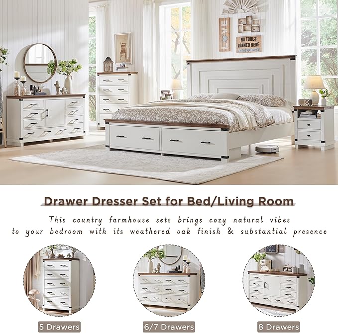 Farmhouse Nightstand Set of 2 with Charging Station, 18" Rustic Night Stand with 2 Storage Drawers, Wood End Table for Bedroom, Living Room, Antique White