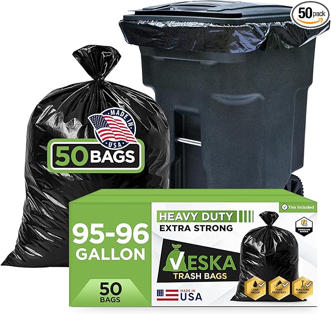Veska 95-96 Gallon Trash Bags Heavy Duty (Huge 50 Bags W/Ties) 95-96 Gallon Trash Bags Large Black Heavy Duty Can Liners, Large 90-100 Gallon Garbage Can Liners