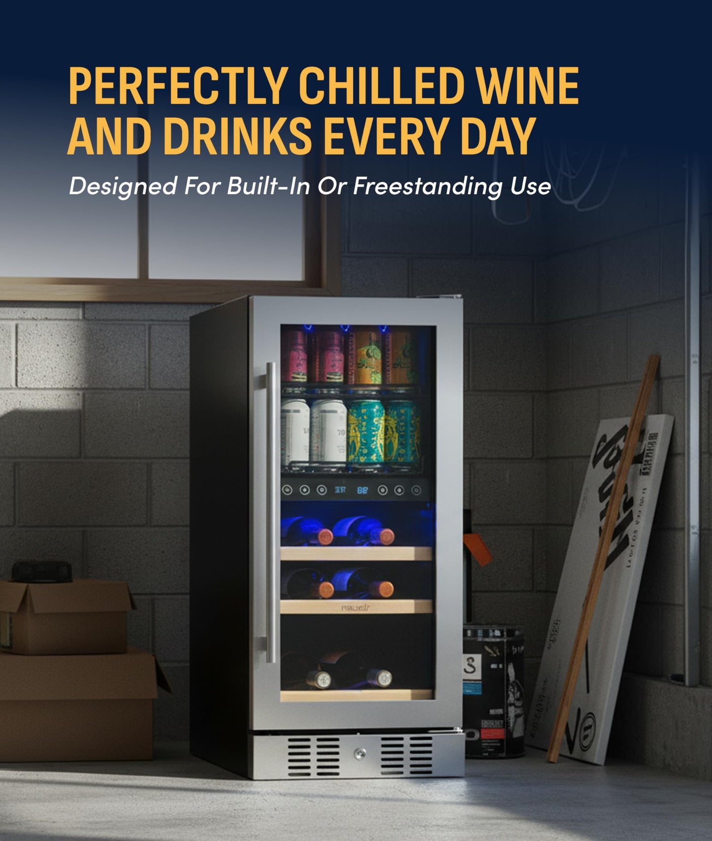 NewAir 15" Dual Zone Beverage Refrigerator & Wine Cooler for 9 Bottles & 48 Cans | Freestanding or Built-In Under Counter Mini Fridge for Beer, Wine and Soda | Stainless Steel