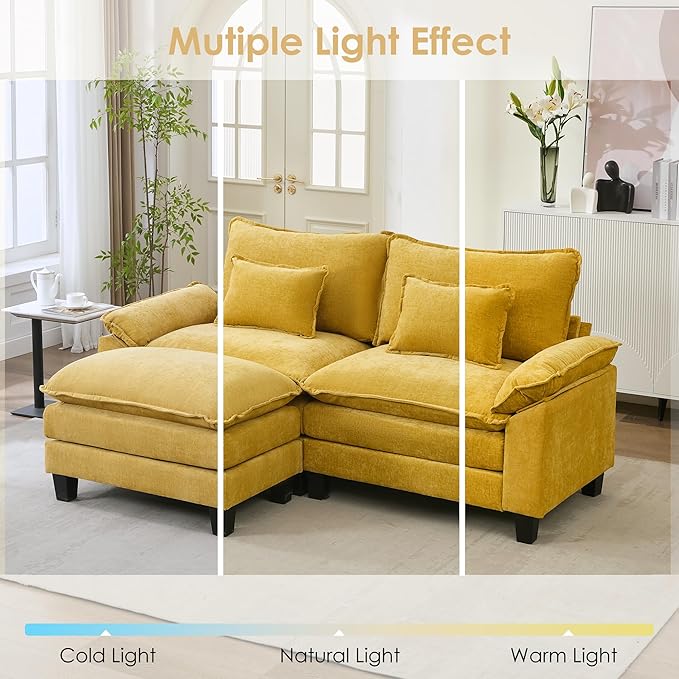 URRED Cloud Couch Modular Sectional Sofa, 87" Modern L Shaped Deep Seat Sofa with Ottoman & Pillows, Ultra Comfy Chenille Couches for Living Room, Bedroom or Apartment, Yellow