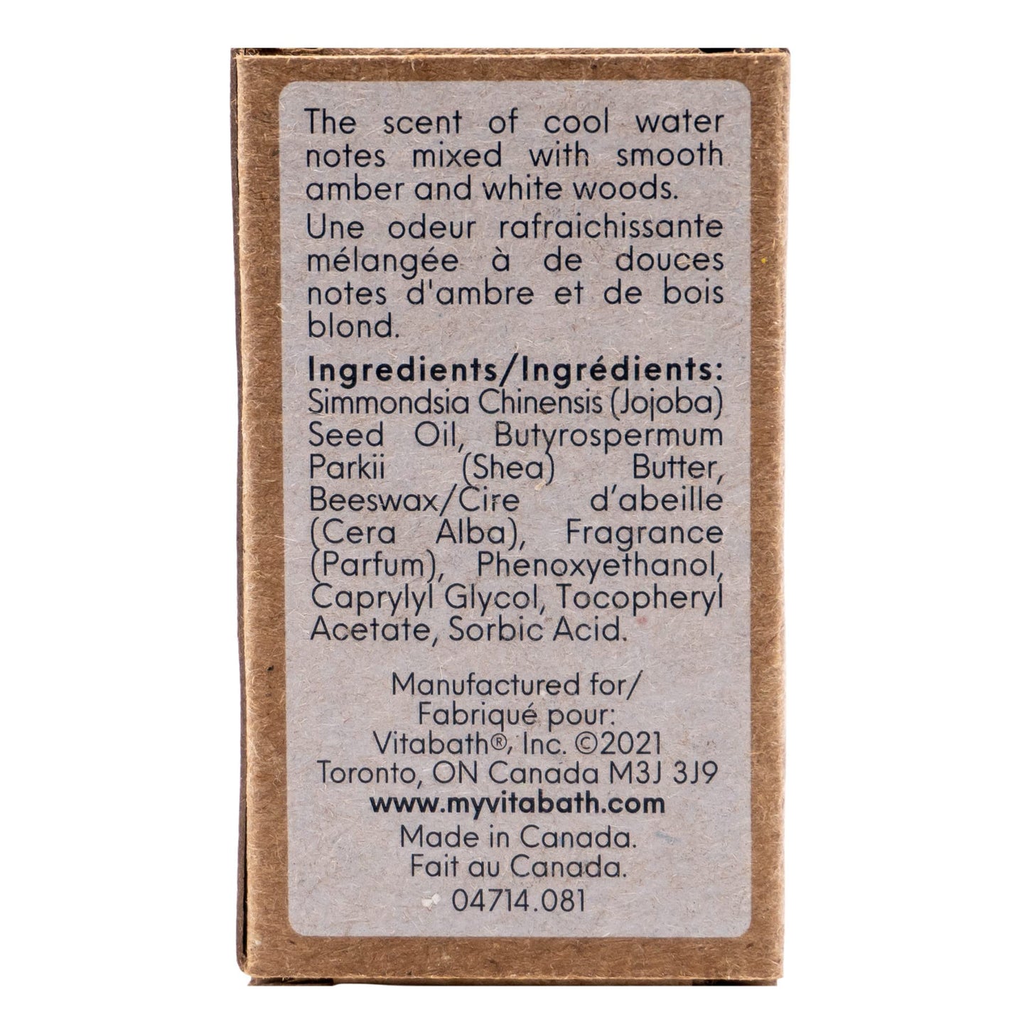 Vitabath Men's Solid Cologne Invigorating Crisp Cool Water & White Woods All Over Lasting Amber & Woodland Fragrance with Skin-L