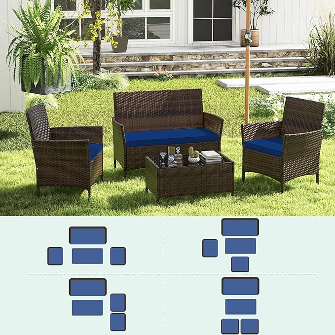 RELAX4LIFE 4-Piece Patio Furniture Set - Rattan Outdoor Conversation Bistro Set w/Cushions, Glass Coffee Table, Wicker Chairs & Loveseat for Garden Backyard Porch, Balcony Furniture Set (1, Navy)
