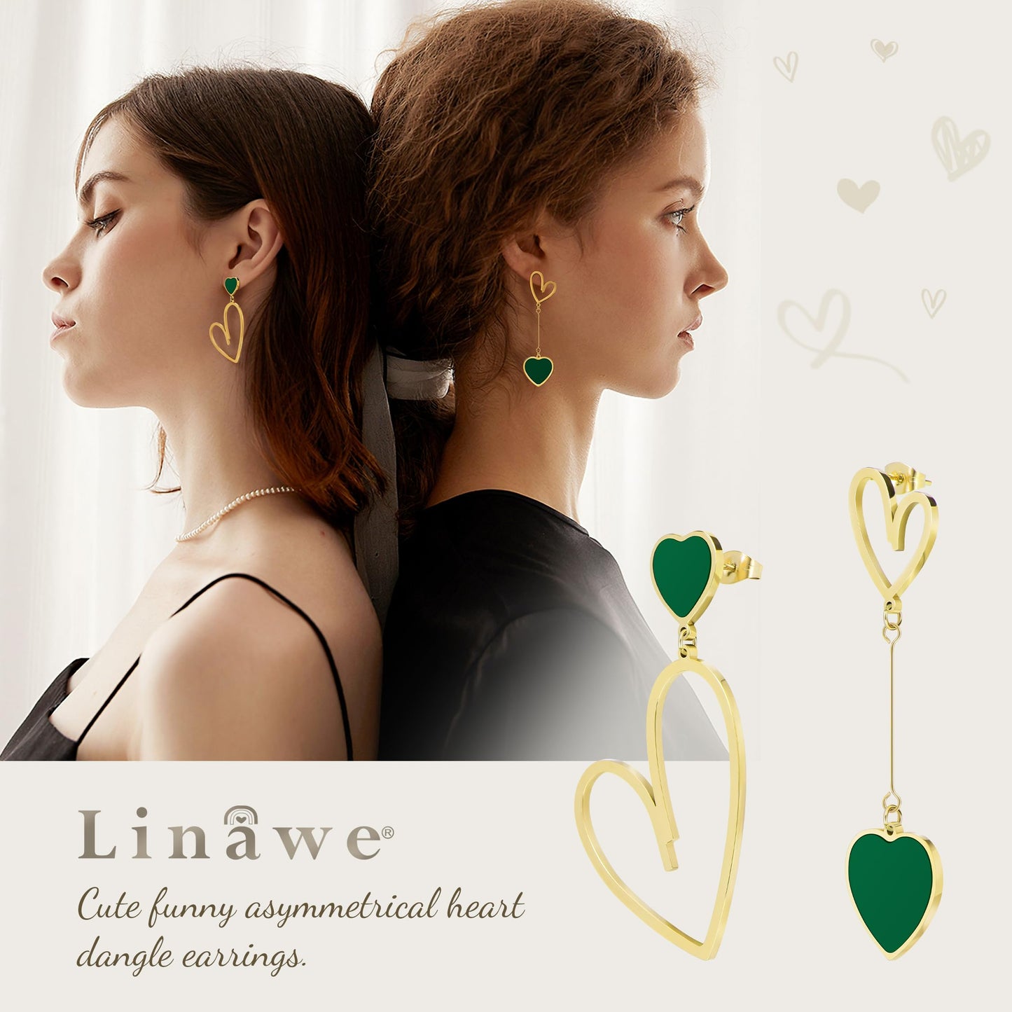 Linawe Gold Heart Earrings for Women Trendy, Emerald Green Dangle Drop Earrings, Titanium Stainless Steel Hypoallergenic Asymmet
