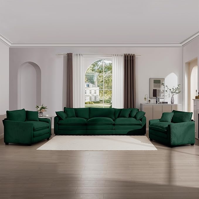 mikibama Luxury 3 Piece Sofa Set, 3-Seater & 2 Single Sofa Set, Modern Corduroy Comfy Cloud Couches Set for Living Room Office with 2 Armrest Pillows and 5 Toss Pillows, Green