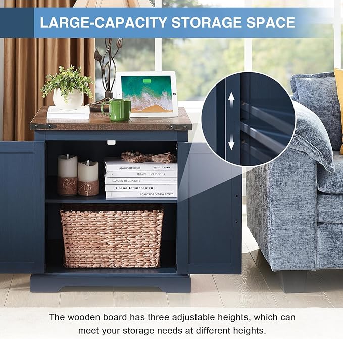 Barnyatoh Farmhouse End Table with Charging Station,24" Large Side Table with Barn Door, Rustic Wood Square Nightstand Bedside Table with Adjustable Storage Shelf for Living Room, Bedroom,Navy Blue