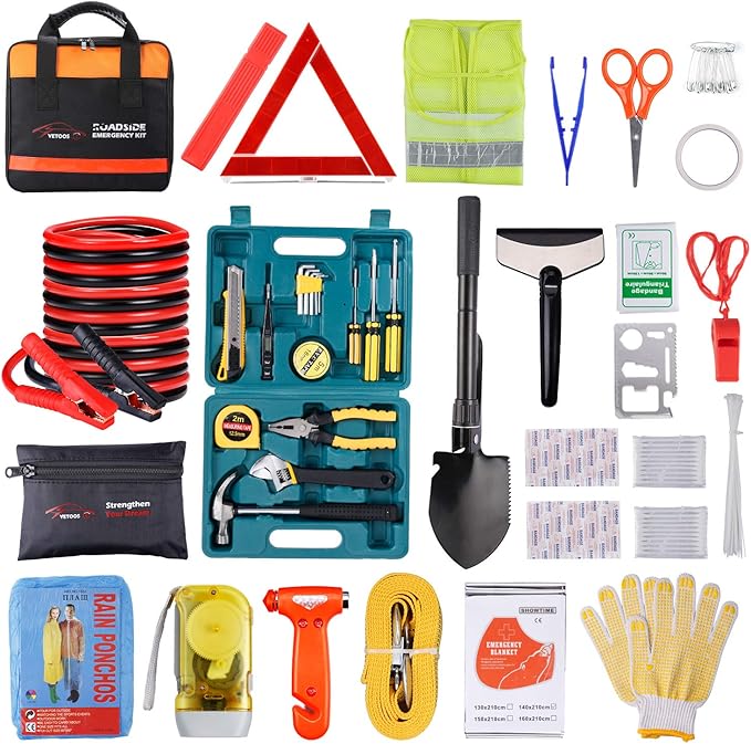 Vetoos Car Roadside Emergency Kit with Jumper Cables, Auto Vehicle Safety Road Side Assistance Kits, Winter Car Kit Essent...
