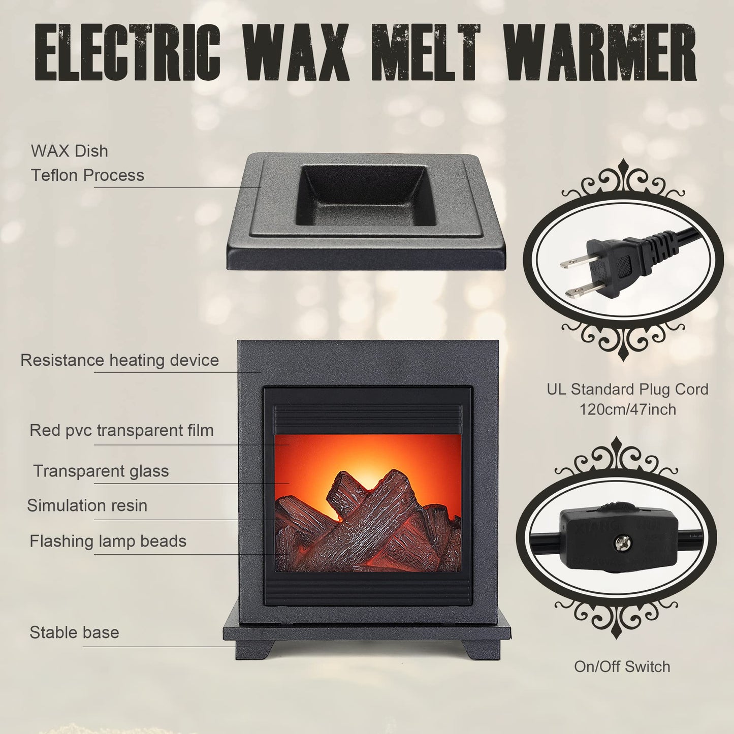 NAFANG Fireplace Wax Warmer,Electric Wax Melt Warmer,Candle Wax Warmer for Scented Wax Melts,Metal Wax Melter,Wax Burner Fragrance Warmer for Home Office Gifts & Decor