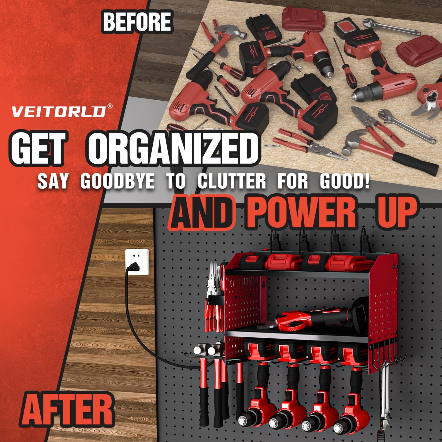 Veitorld Power Tool Organizer with Charging Station - 4 Drill Holders - Heavy Duty Modular Wall Mount Rack for Garage, Tool Storage Organizer - Christmas Birthday Gifts for Men Dad Him Husband