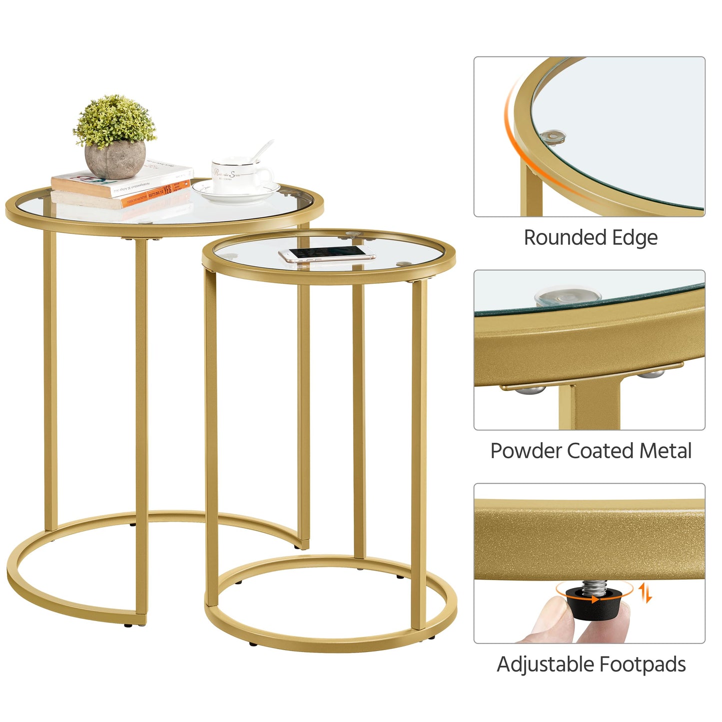 Yaheetech Round Nesting Coffee Tables Set of 2, Glass Top Side Table End Tables with Metal Frame for Living Room Bedroom Office, Gold