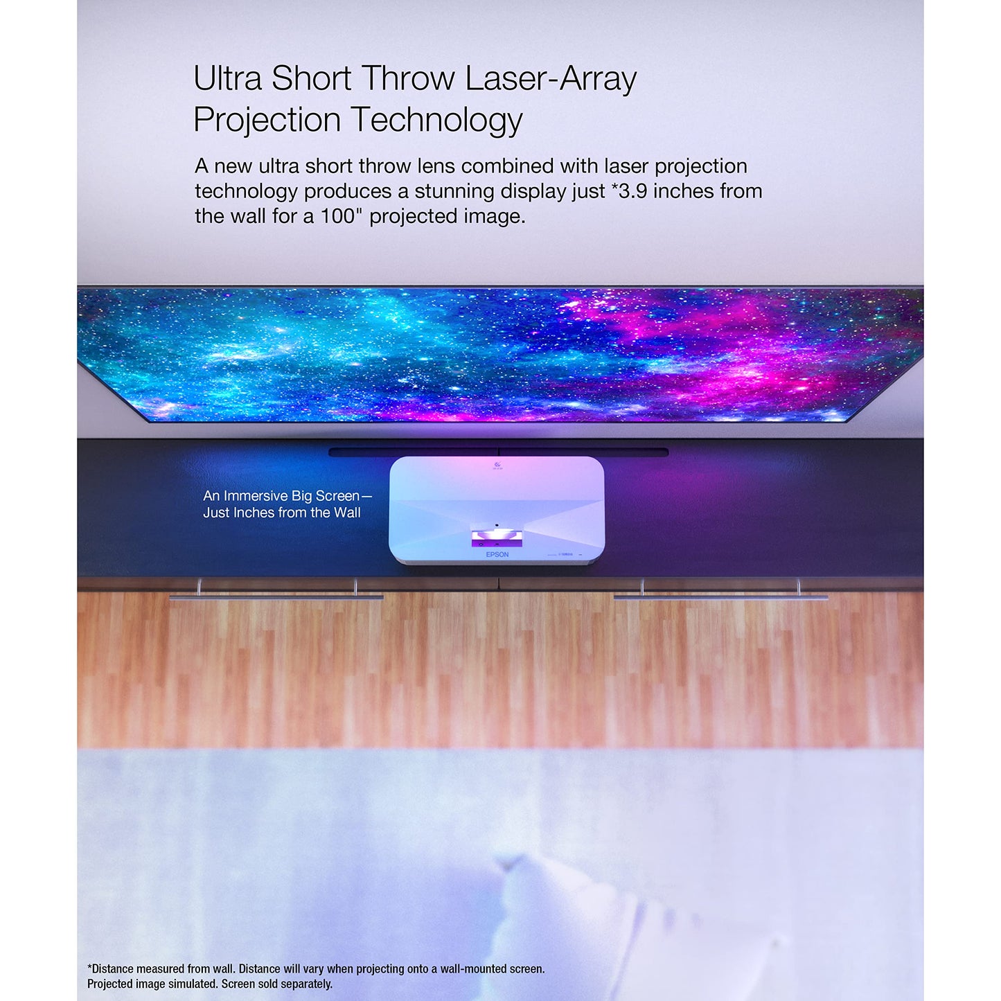 Epson LS800 Ultra Short Throw 3-Chip 3LCD Smart Streaming Laser Projector, 4,000 Lumens of Color and White Brightness, 4K PRO UHD, HDR, Android TV, 2.1ch Yamaha Built-in Speakers - White