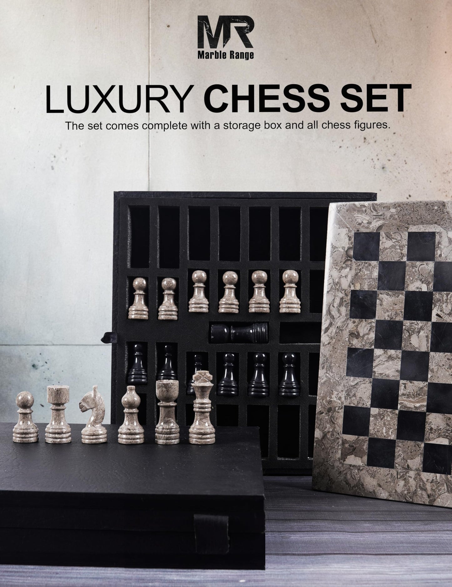 Marble Chess Set for Adults 12" Handmade Oceanic & Black Board Game with 32 Chess Pieces, 2 Extra Queens & Storage Box, Luxury Travel Game, Elegant for Home Decor