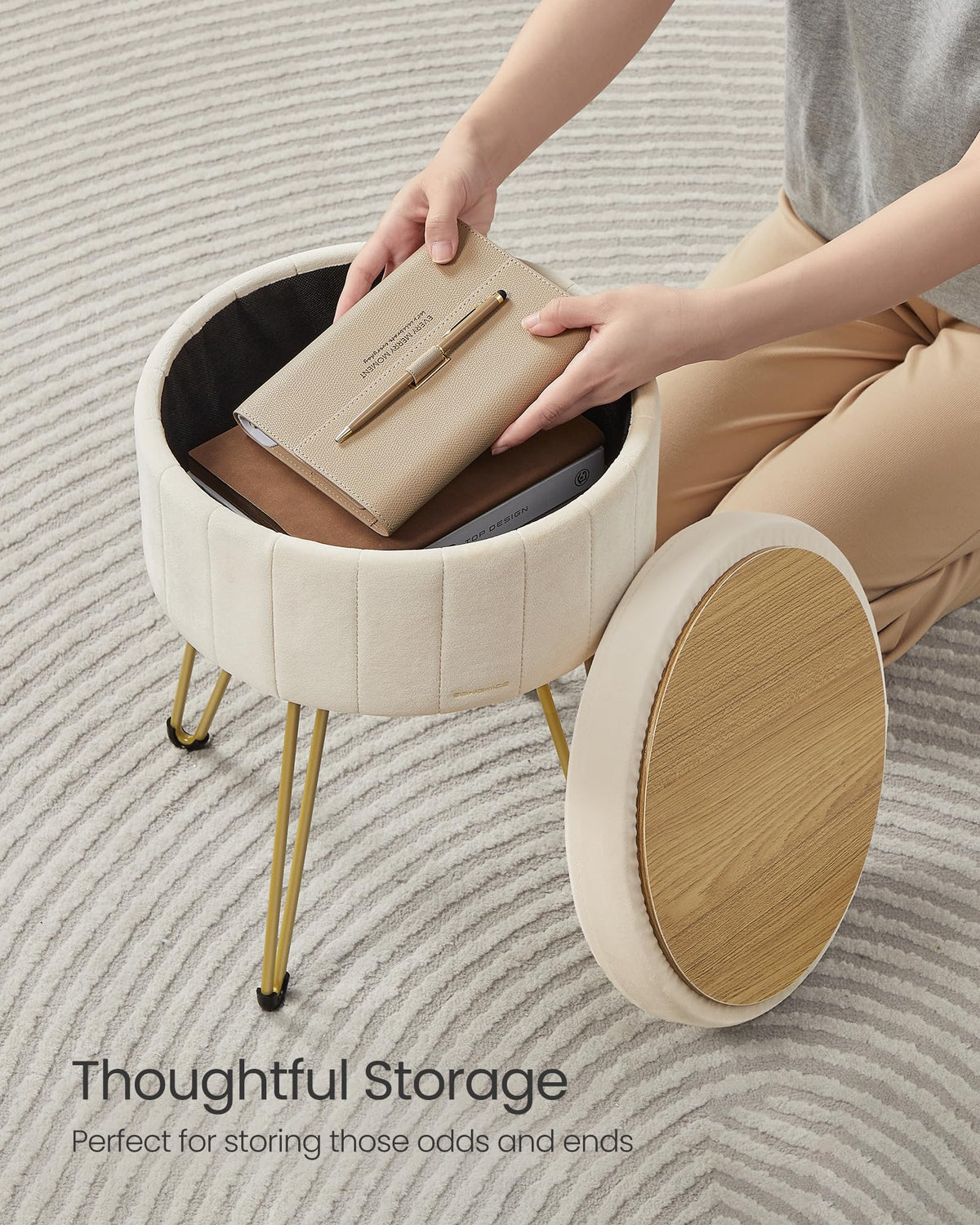 SONGMICS Vanity Stool Chair, Small Ottoman with Storage, Velvet Makeup Stool, 15.4 Dia. x 17.4 H Inches, 4 Metal Legs, for Makeup Room, Living Room, Bedroom, Cream White ULOM003W01