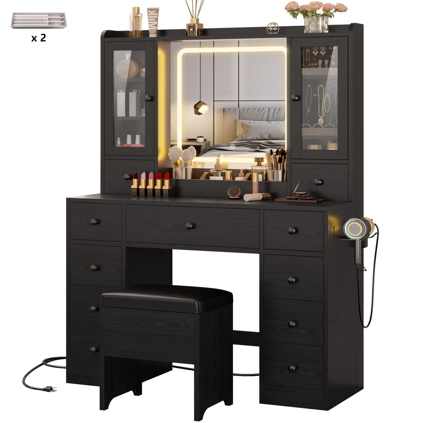 IRONCK Vanity Desk with LED Lights Mirror and Charging Station, Makeup Vanity Table with Jewelry Armoire, Storage Bench, and 11 Drawers,Black