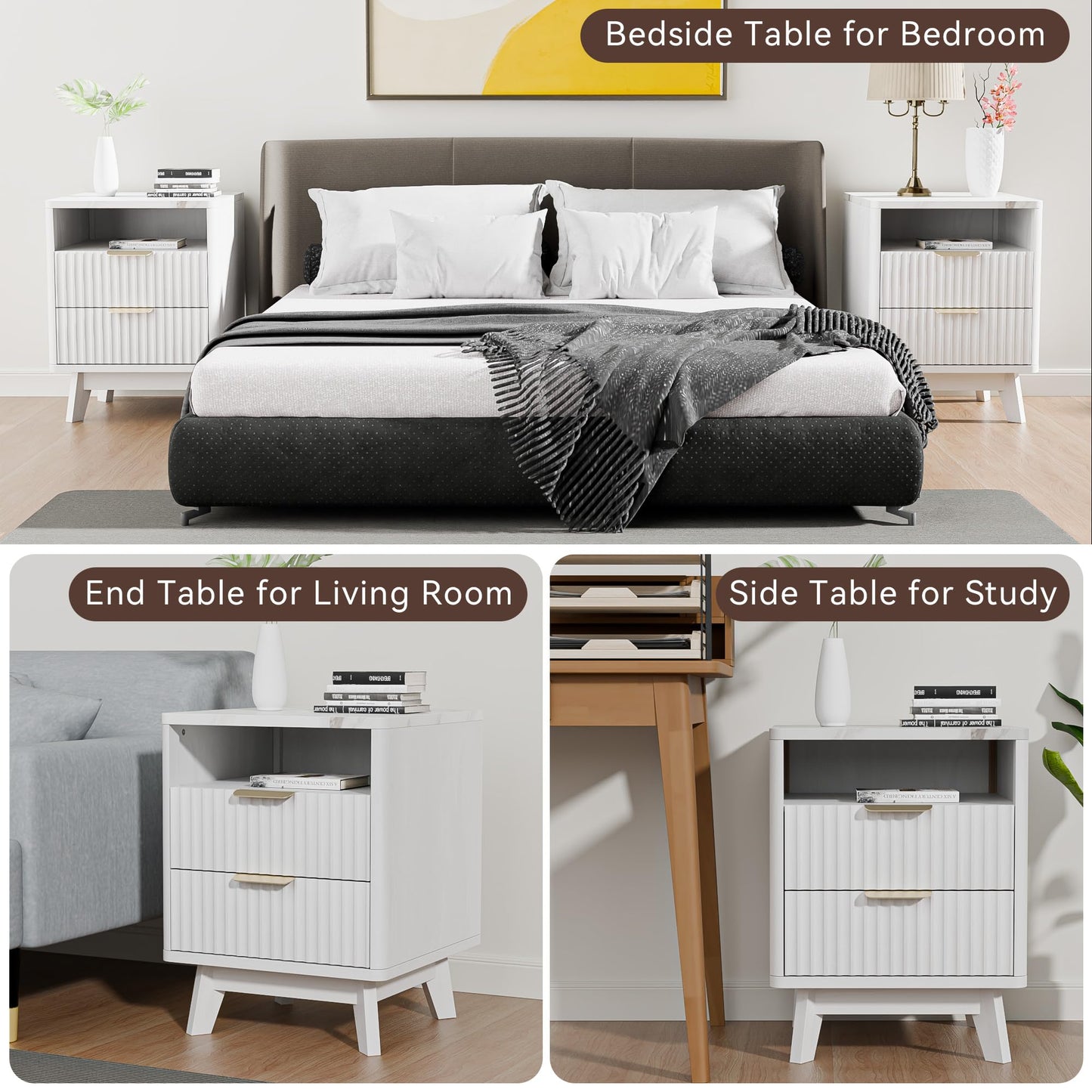 HOCAT Fluted White Nightstand with 2 Drawers, 18" Modern Bed Night Stand with Faux Marble Top, Open Storage Shelf, Curved Edge Bedside Table for Bedroom, Living Room End Side Table