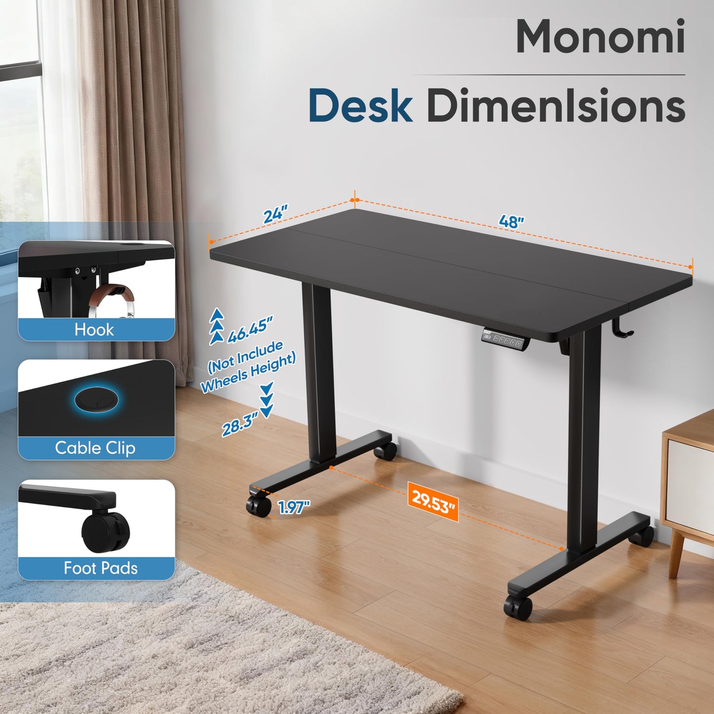 Monomi Electric Height Adjustable Standing Desk, 48x24 Inches, Ergonomic Home Office Sit/Stand Up Desks (Black Steel Frame/Black Top)
