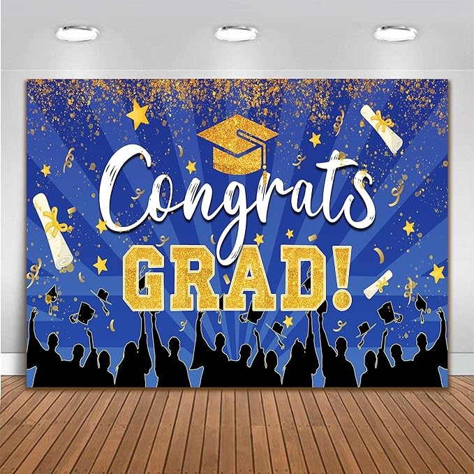2026 Congrats Grad Graduation Backdrops 10x8 FT Blue and Gold Picture Background Class of 2026 Graduation Prom Party Banne...