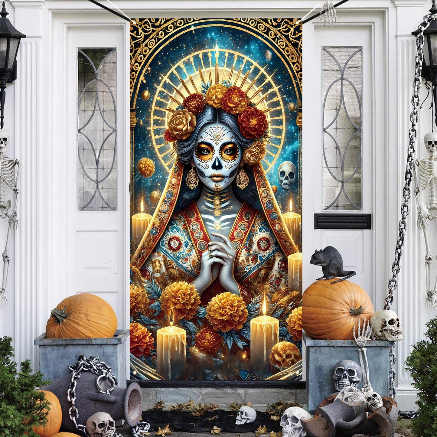 Dia De Los Muertos Door Cover Day of The Dead Front Porch Door Sign Banner Gothic Halloween Sugar Skull Marigold Flowers Decorations and Supplies for Home