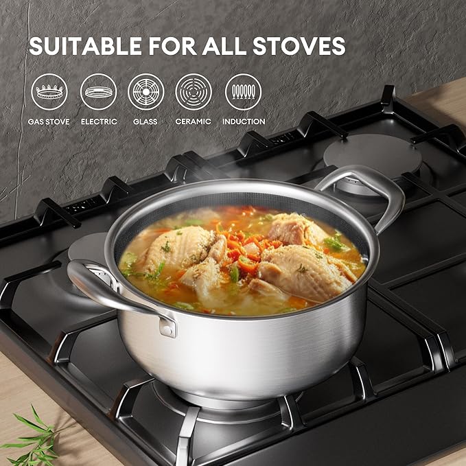 COOKER KING Stainless Steel 6 Pcs Pots Set, 1.5 & 2QT Saucepan and 5-Quart Pots with Lids, Non Stick, Non Toxic, Stay-Cool Handles, Induction, Oven, Dishwasher Safe