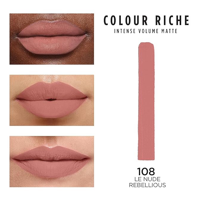 L'Oreal Paris Colour Riche Intense Volume Matte Lipstick, Lip Makeup Infused with Hyaluronic Acid for up to 16HR Wear, Le Nude Rebellious, 0.06 Oz